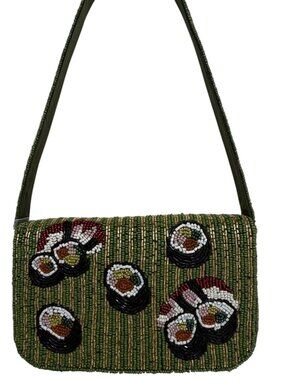 Sushi Rolls Green and Gold Striped Beaded Shoulder Bag From India to You NWT